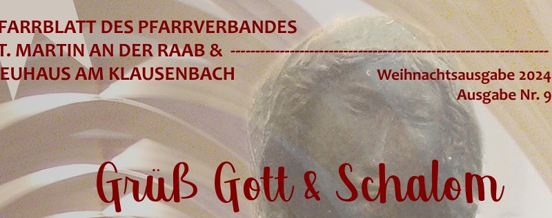 Pfarrblatt Weihnachten 2024 / @ Kreuzgang im Kloster Himmelspforten, Madonna von Otto Sonnleitner, Photomontage Katherina Wagner