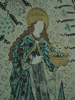Heilige Elisabeth,Wandmalerei aus dem 15. Jahrhundert  in der alten Kirche von Enanger. Die heute für den Gottesdienst nicth mehr benutzte Dorfkirche beherbergt die schönste Sammlung kirchlicher Kunst in Schweden.